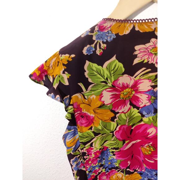 Nanette Lepore 100% Silk Black Pink Multi Floral Flutter Sleeve Faux Wrap Top 2 - Picture 6 of 8